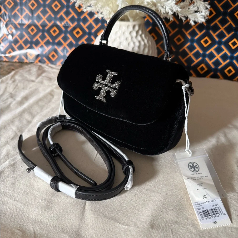 NWT , TORY BURCH BRITTEN VELVET PUFFY MINI TOP HANDLE BLACK